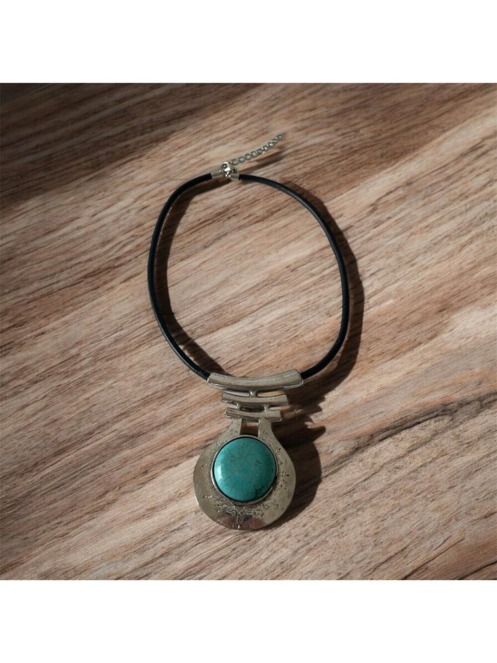 Vintage Faux Turquoise Blue Circle Shrine Pendant Necklace Silvertone Black Cord